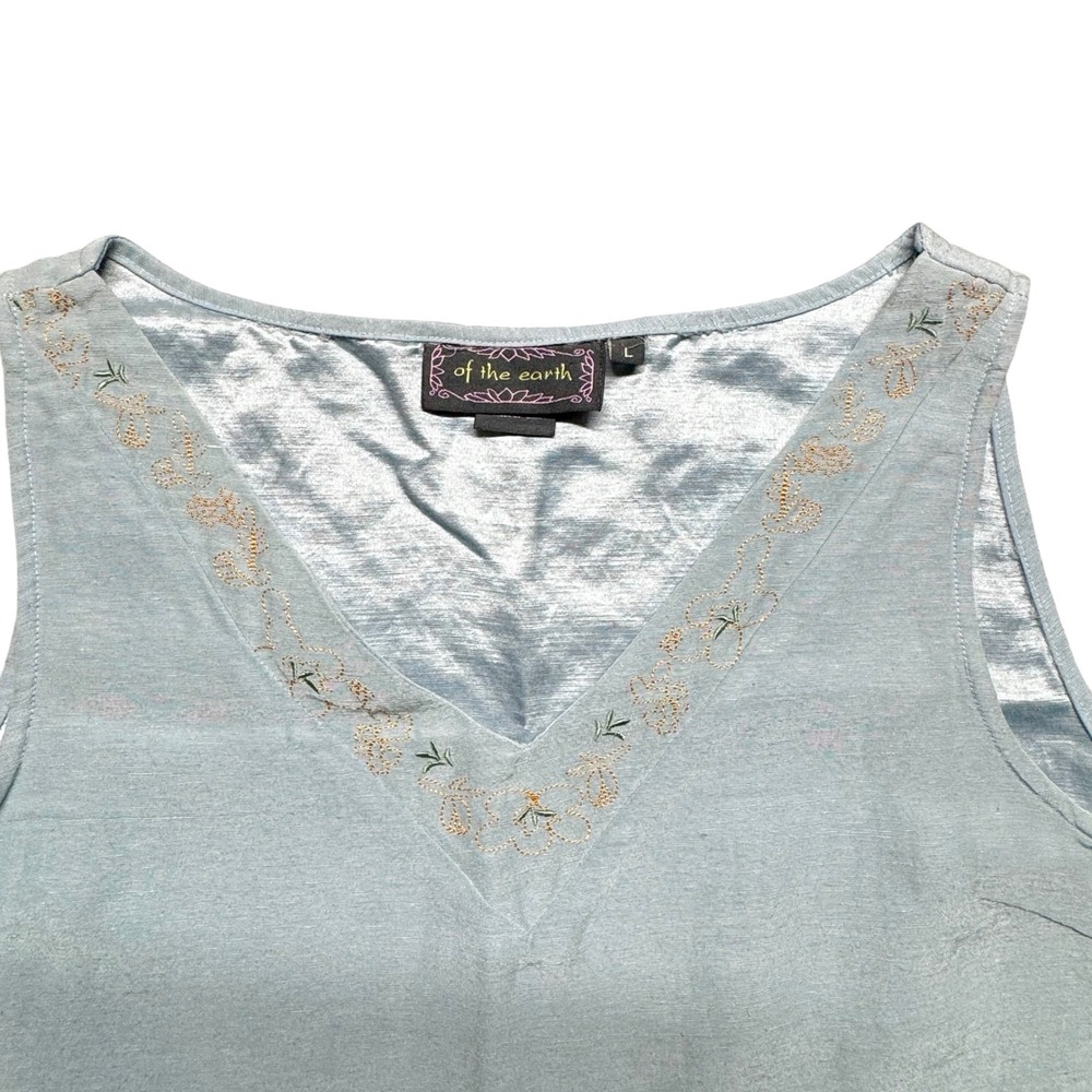 Of The Earth Tank Top Silk Hemp Large Light Blue Floral Embroidered V-Neck Boho - Picture 3 of 11